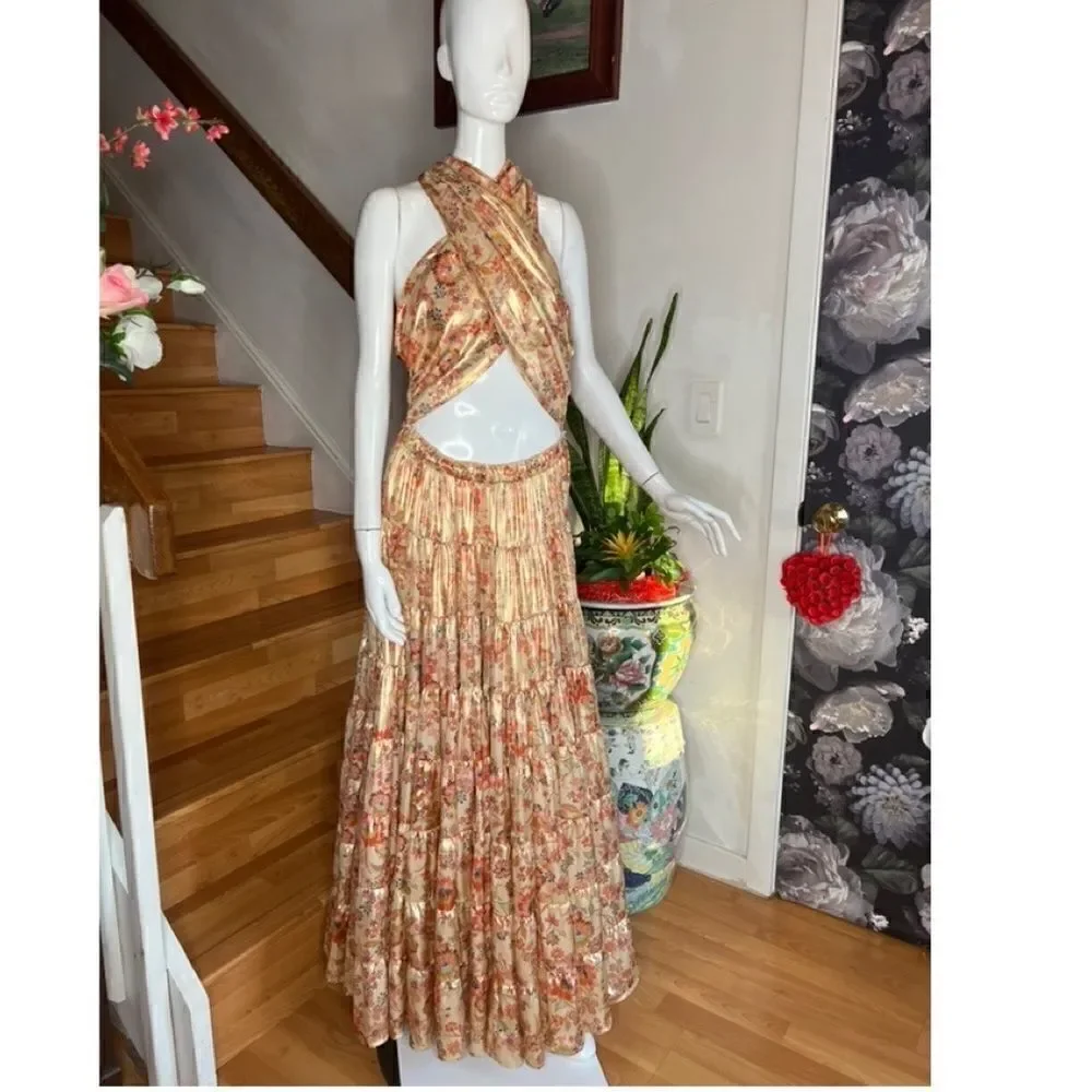 Free People Printed Something Magical Metallic Floral Tiered Maxi Dress